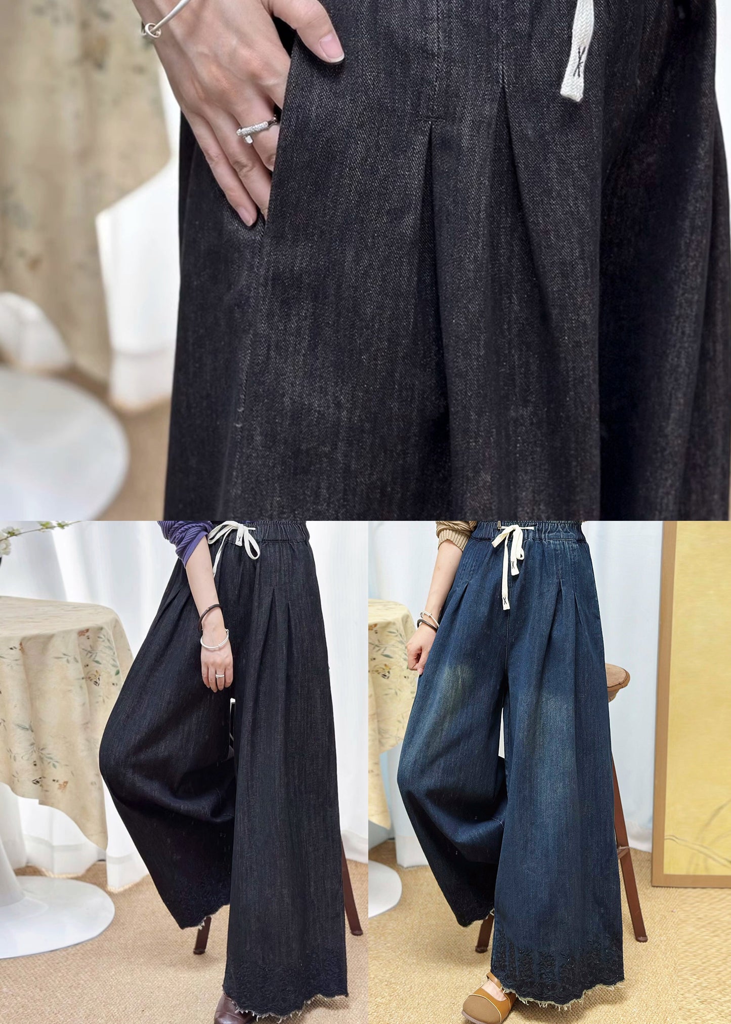 Women Black Pockets Elastic Waist Denim Wide Leg Pants Fall