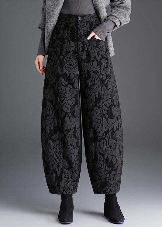 Women Black Pockets Jacquard High Waist Lantern Pants Fall