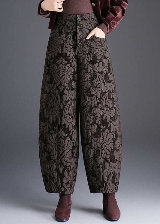 Women Black Pockets Jacquard High Waist Lantern Pants Fall