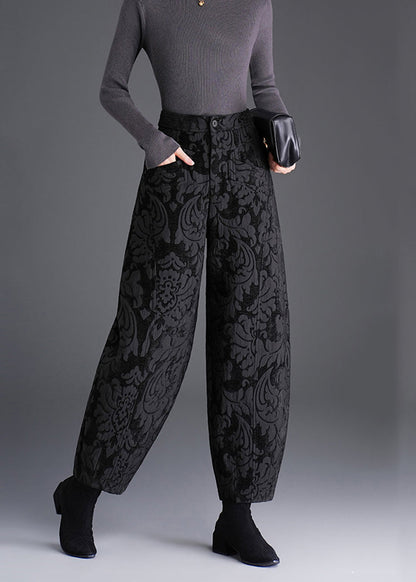 Women Black Pockets Jacquard High Waist Lantern Pants Fall