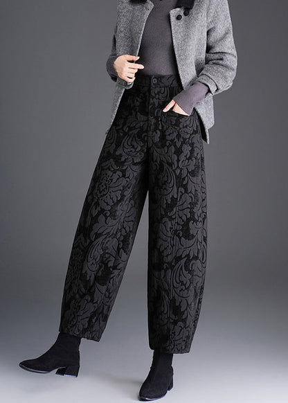 Women Black Pockets Jacquard High Waist Lantern Pants Fall