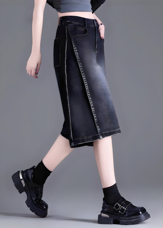 Women Black Pockets Patchwork Denim Crop Pants Summer
