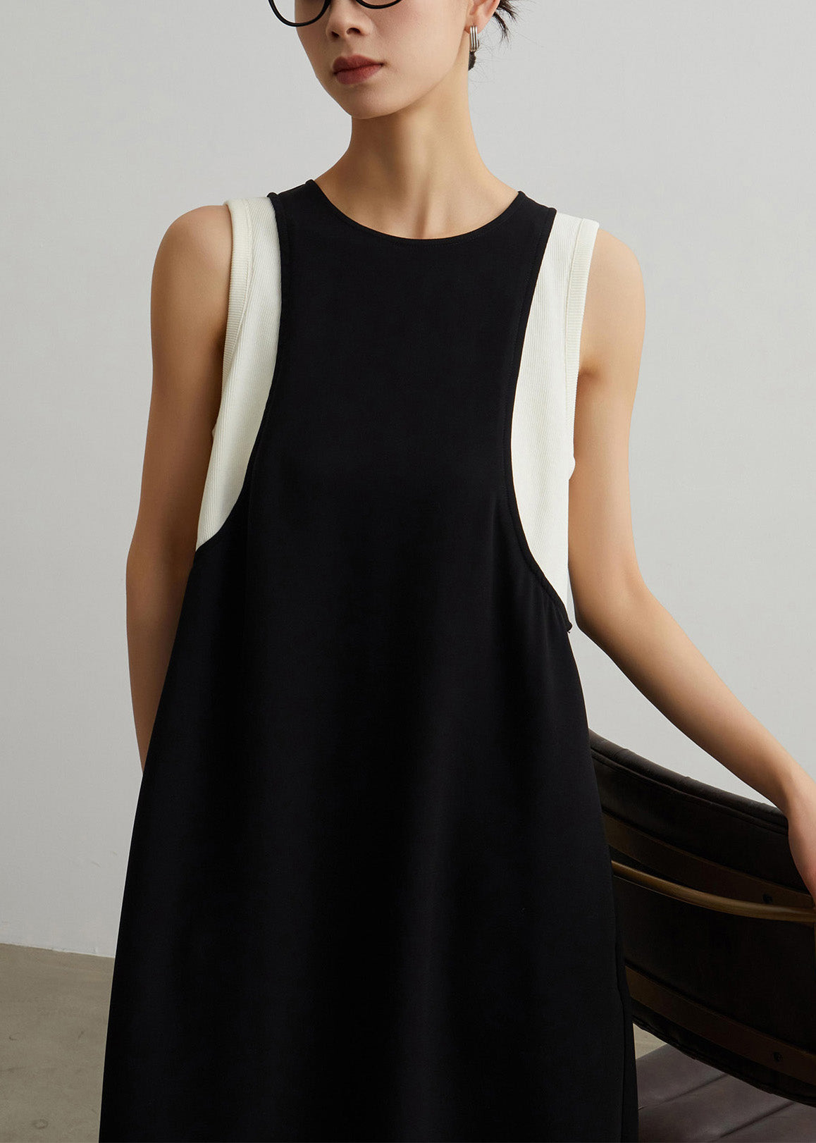 Women Black Pockets Patchwork False Two Pieces Cotton Long Dresses Sleeveless