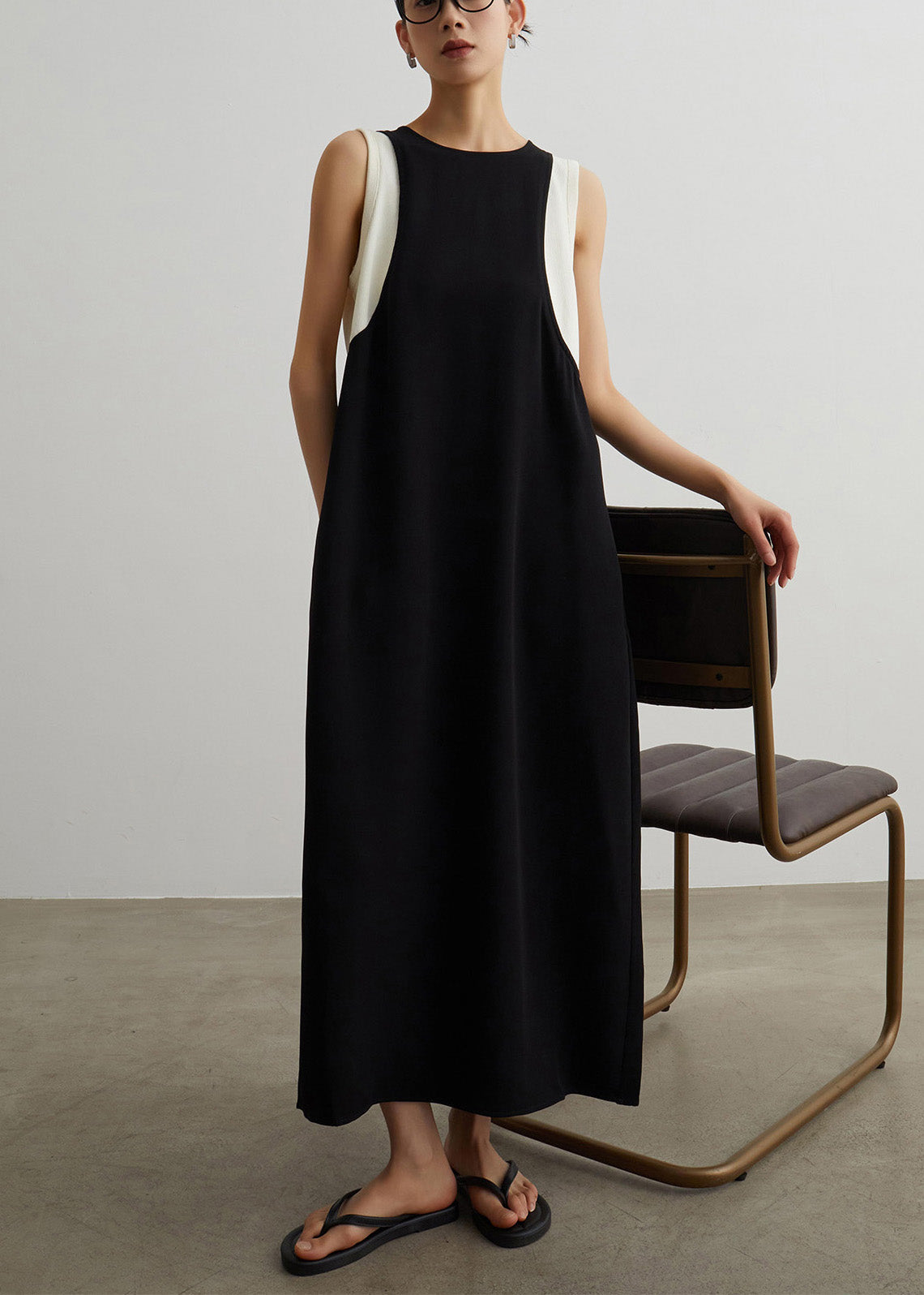 Women Black Pockets Patchwork False Two Pieces Cotton Long Dresses Sleeveless