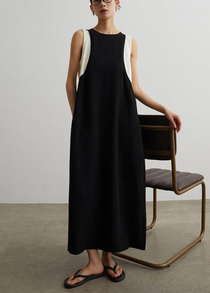 Women Black Pockets Patchwork False Two Pieces Cotton Long Dresses Sleeveless