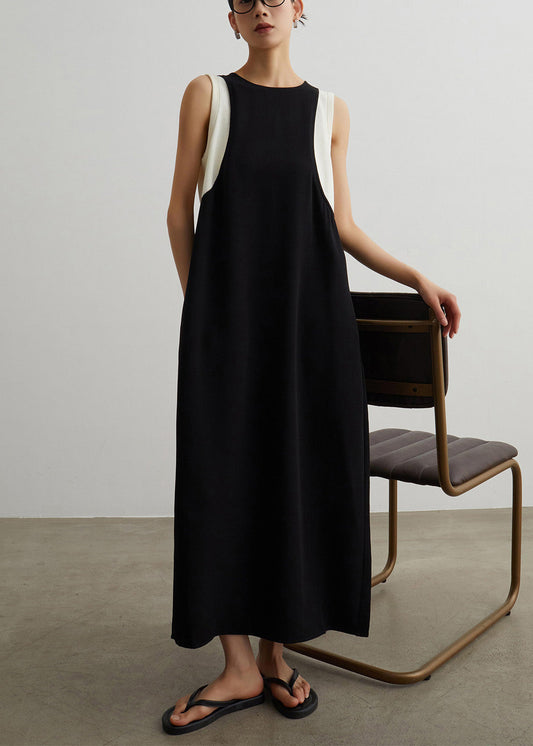 Women Black Pockets Patchwork False Two Pieces Cotton Long Dresses Sleeveless