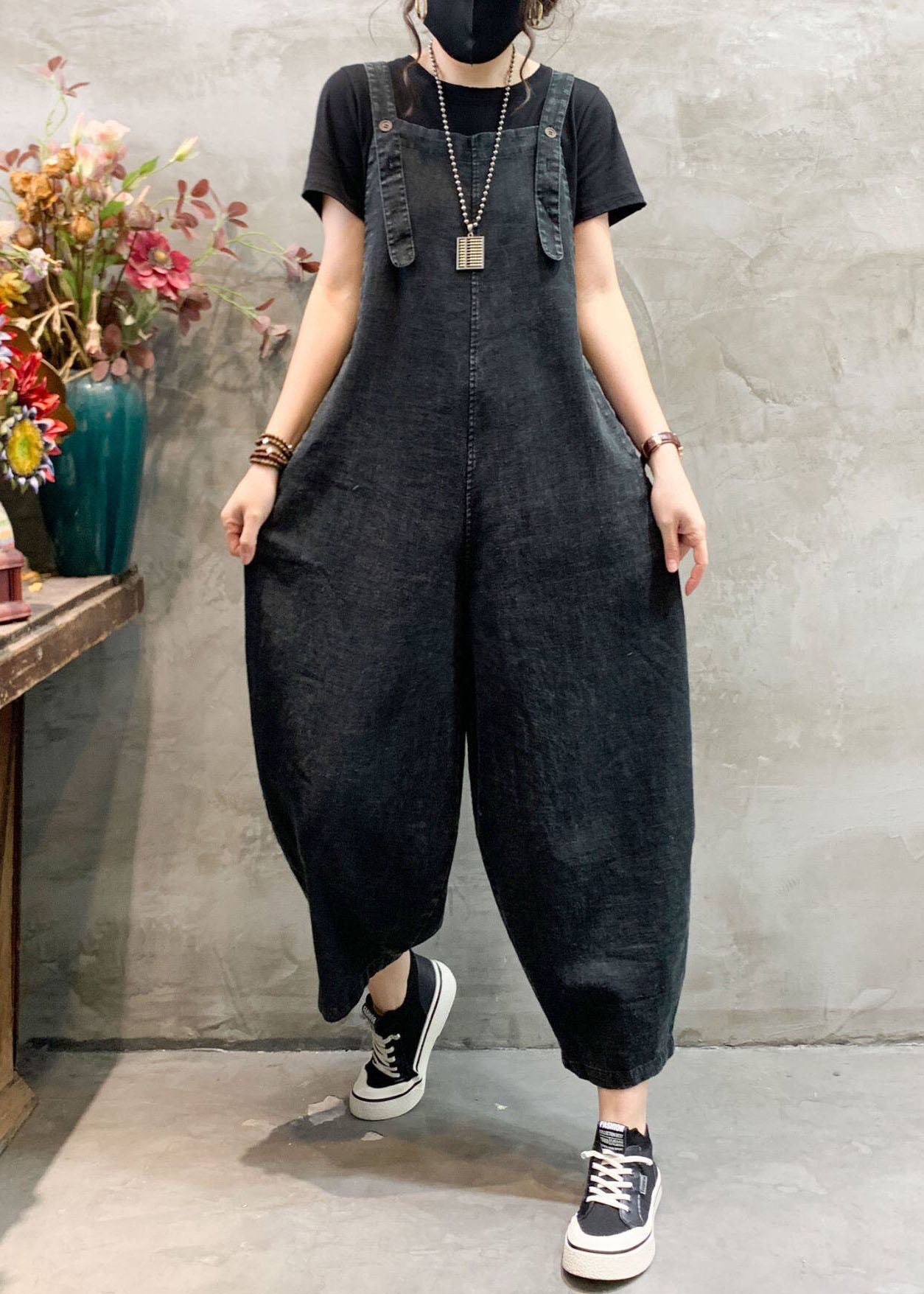 Women Black Pockets Plus Size Denim Jumpsuits Summer