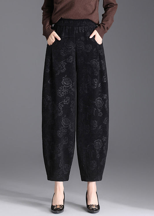 Women Black Pockets Print Elastic Waist Lantern Crop Pants Fall
