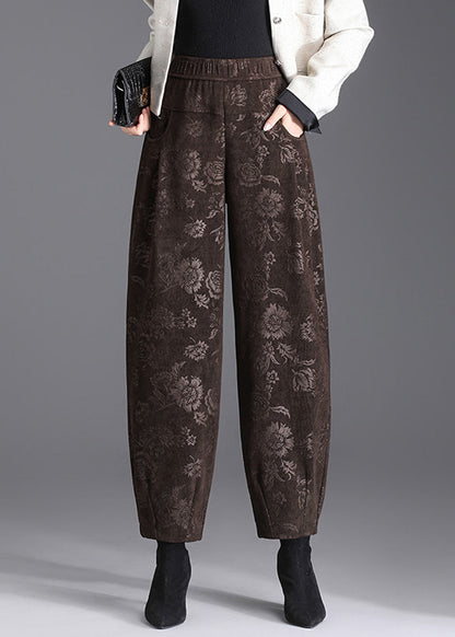 Women Black Pockets Print Elastic Waist Lantern Crop Pants Fall