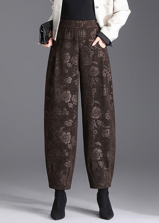 Women Black Pockets Print Elastic Waist Lantern Crop Pants Fall
