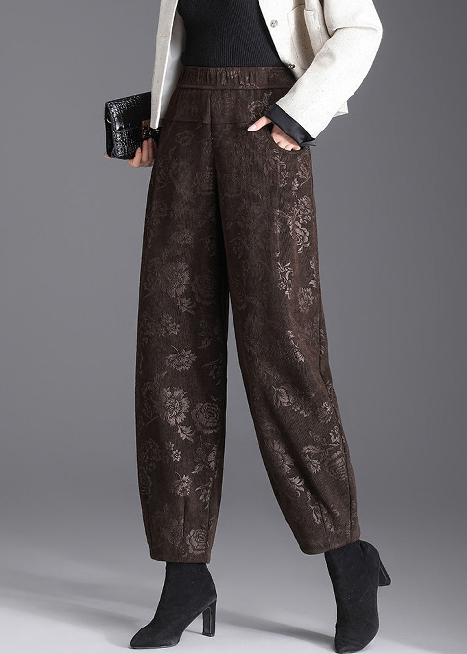 Women Black Pockets Print Elastic Waist Lantern Crop Pants Fall
