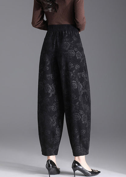 Women Black Pockets Print Elastic Waist Lantern Crop Pants Fall