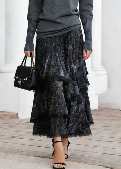 Women Black Print Elastic Waist Lace A Line Skirts