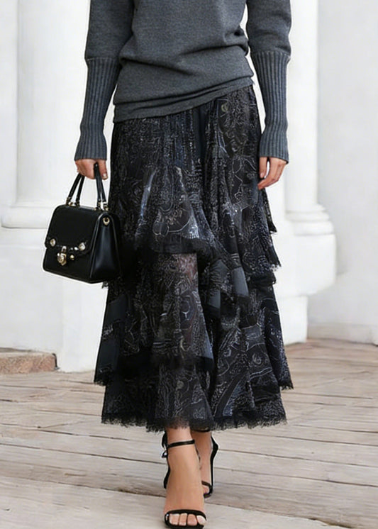 Women Black Print Elastic Waist Lace A Line Skirts