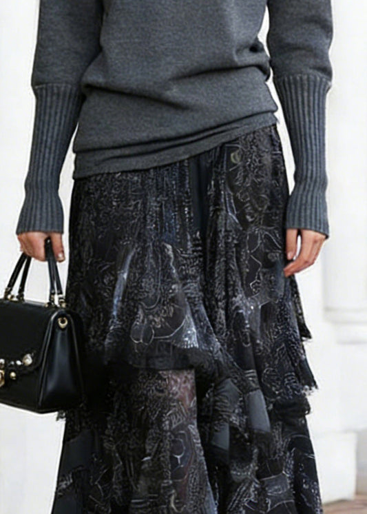 Women Black Print Elastic Waist Lace A Line Skirts