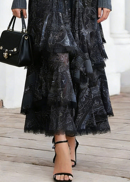 Women Black Print Elastic Waist Lace A Line Skirts