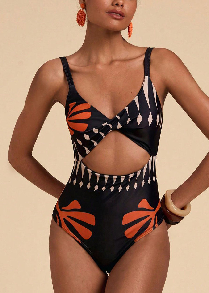 Women Black Print Hollow Out Bodysuit Swimwear
