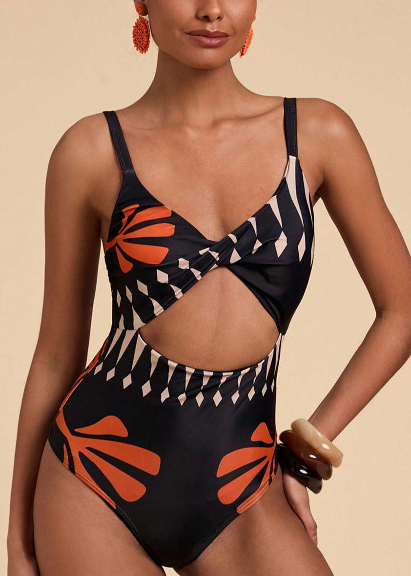 Women Black Print Hollow Out Bodysuit Swimwear