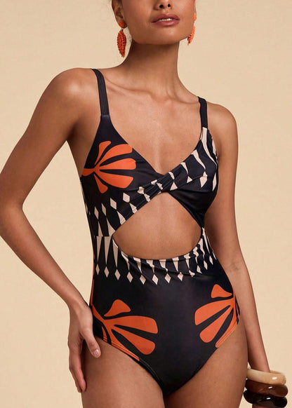 Women Black Print Hollow Out Bodysuit Swimwear