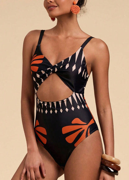 Women Black Print Hollow Out Bodysuit Swimwear