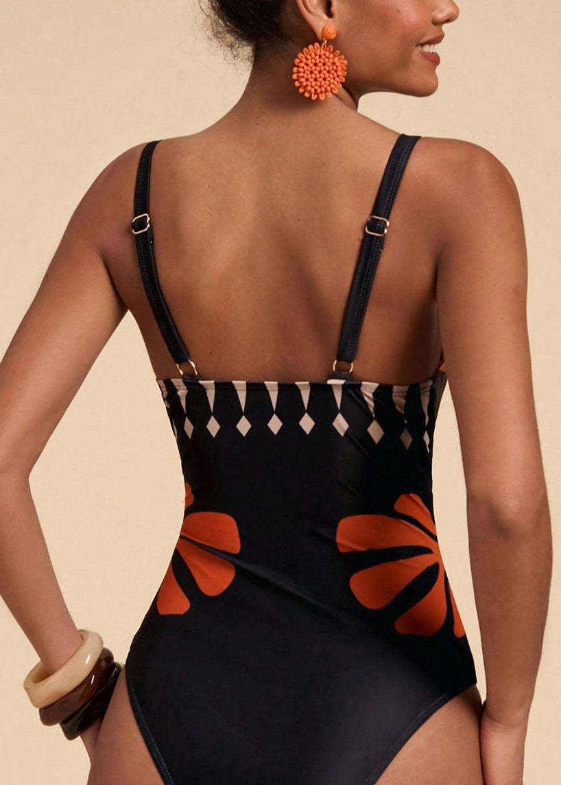Women Black Print Hollow Out Bodysuit Swimwear