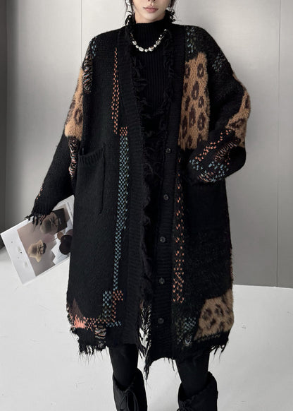 Women Black Print Patchwork Cotton Knit Cardigan Fall