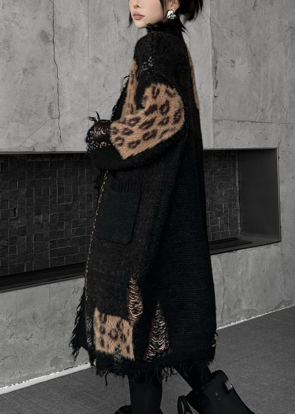 Women Black Print Patchwork Cotton Knit Cardigan Fall