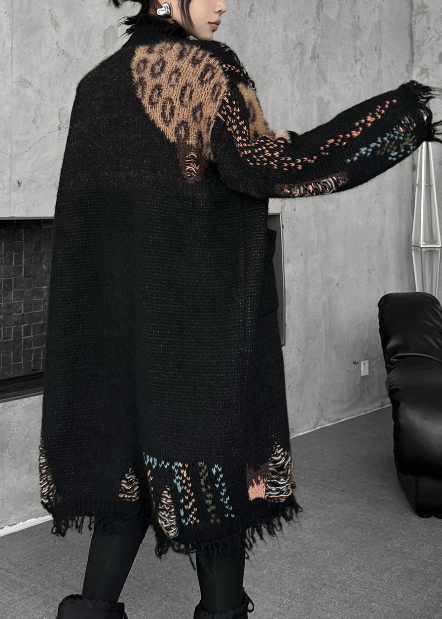 Women Black Print Patchwork Cotton Knit Cardigan Fall