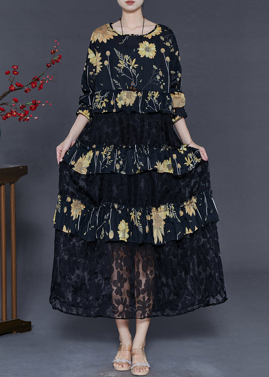 Women Black Print Patchwork Lace Vacation Dresses Spring