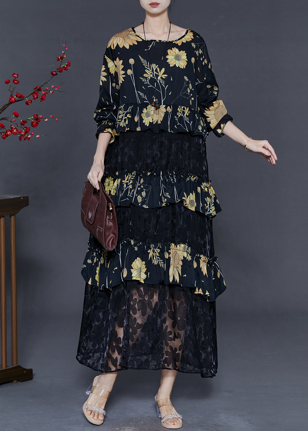 Women Black Print Patchwork Lace Vacation Dresses Spring
