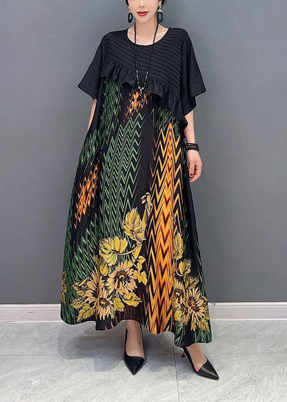 Women Black Print Patchwork Ruffled Silk Dress Summer