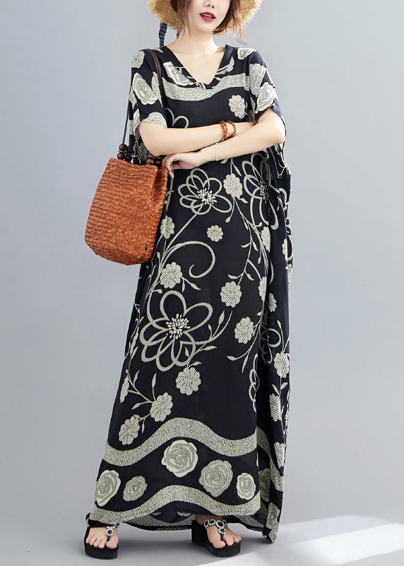 Women Black Print V Neck Batwing Sleeve Robe Spring Dress - SooLinen