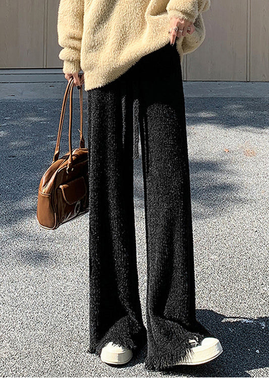 Women Black Raw Edge High Waist Mink Hair Knitted Pants