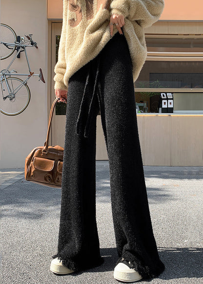 Women Black Raw Edge High Waist Mink Hair Knitted Pants