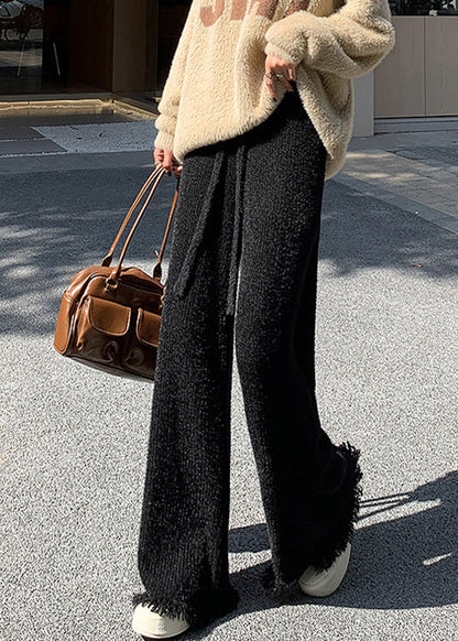 Women Black Raw Edge High Waist Mink Hair Knitted Pants
