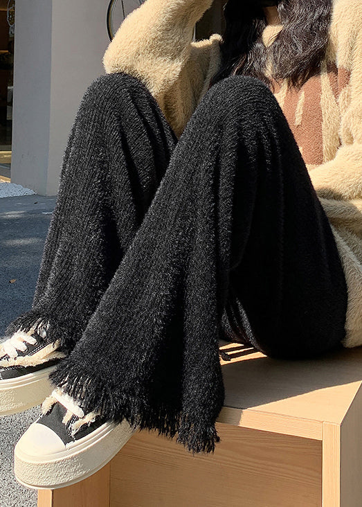 Women Black Raw Edge High Waist Mink Hair Knitted Pants