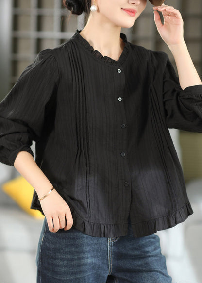 Women Black Ruffled Button Patchwork Cotton Shirt Fall
