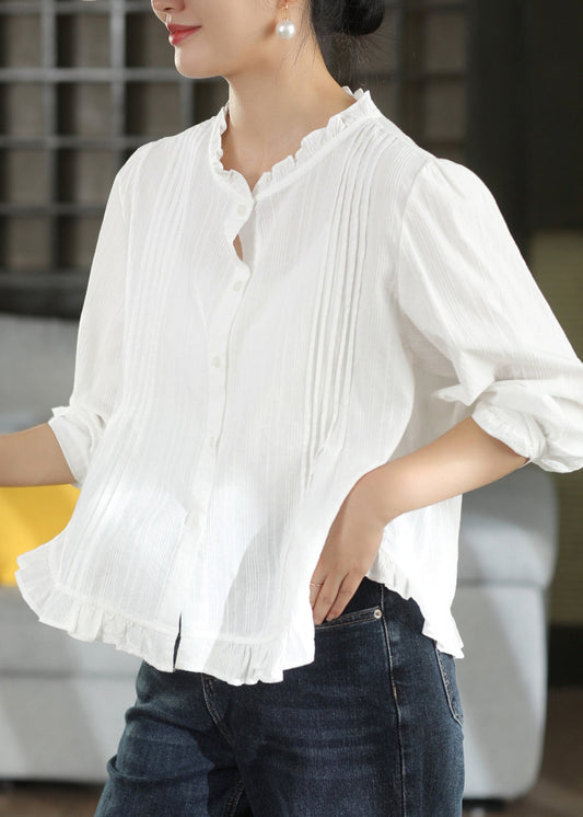 Women Black Ruffled Button Patchwork Cotton Shirt Fall