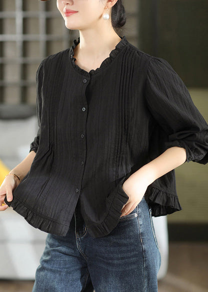 Women Black Ruffled Button Patchwork Cotton Shirt Fall