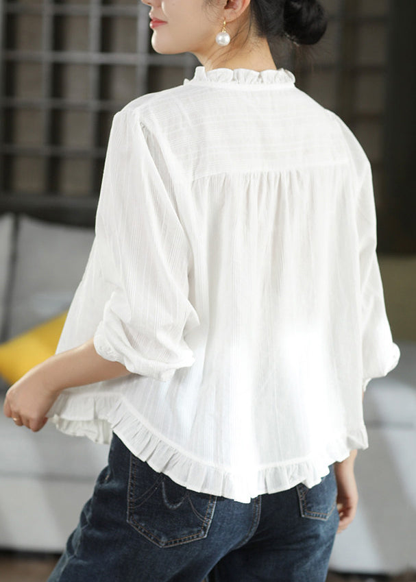 Women Black Ruffled Button Patchwork Cotton Shirt Fall