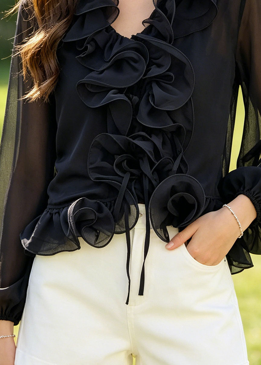Women Black Ruffled Flower Chiffon Shirt Summer
