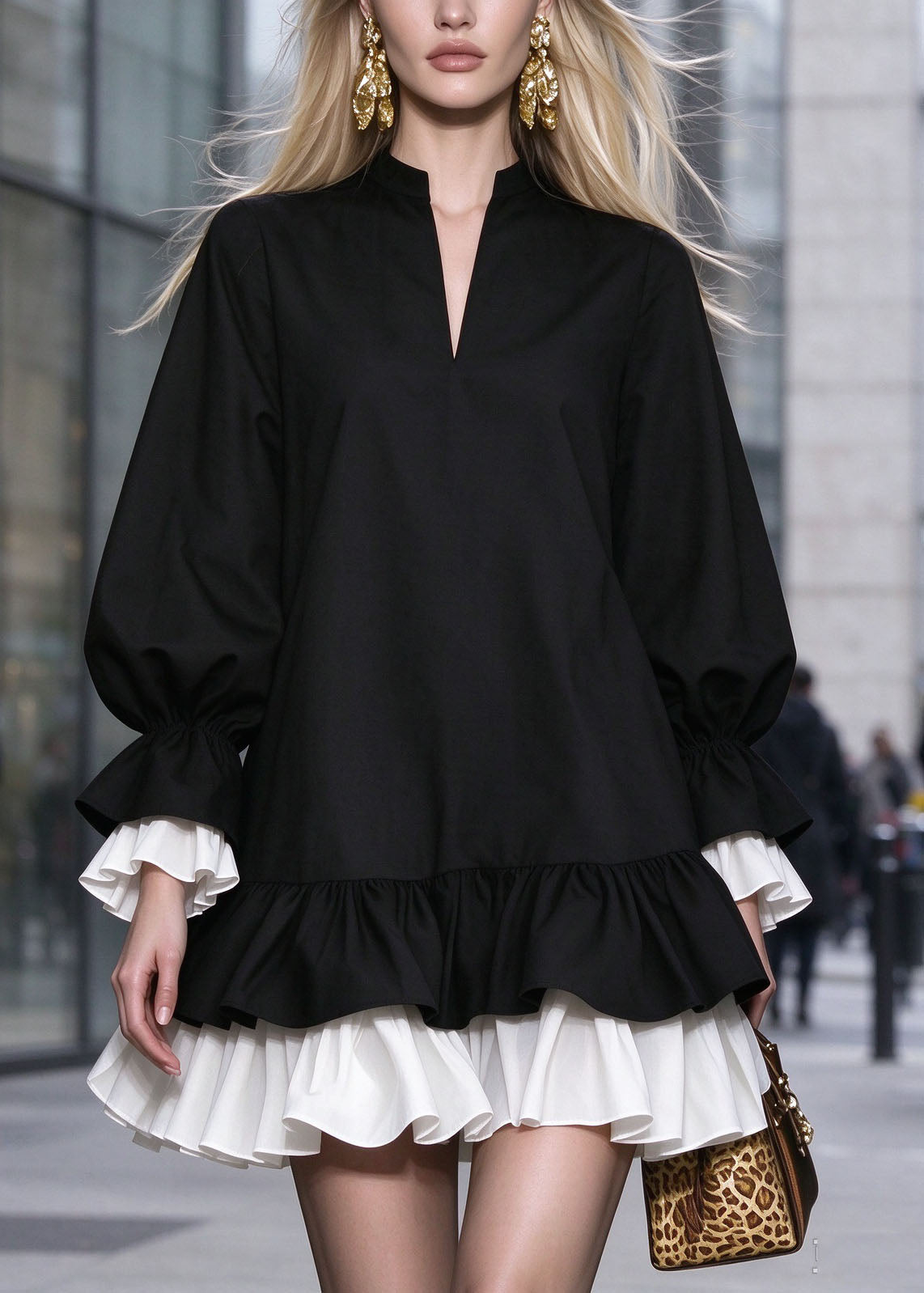 Women Black Ruffled Patchwork Cotton Mid Dress Fall