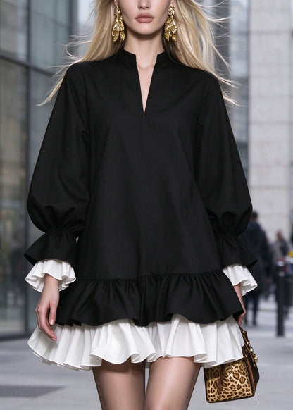 Women Black Ruffled Patchwork Cotton Mid Dress Fall