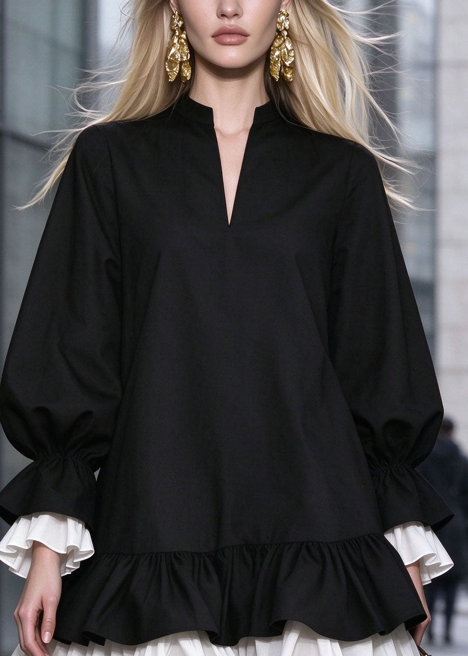 Women Black Ruffled Patchwork Cotton Mid Dress Fall