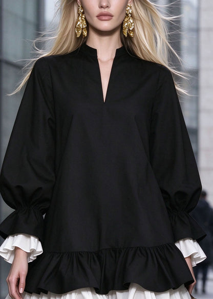 Women Black Ruffled Patchwork Cotton Mid Dress Fall