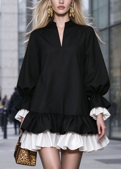 Women Black Ruffled Patchwork Cotton Mid Dress Fall