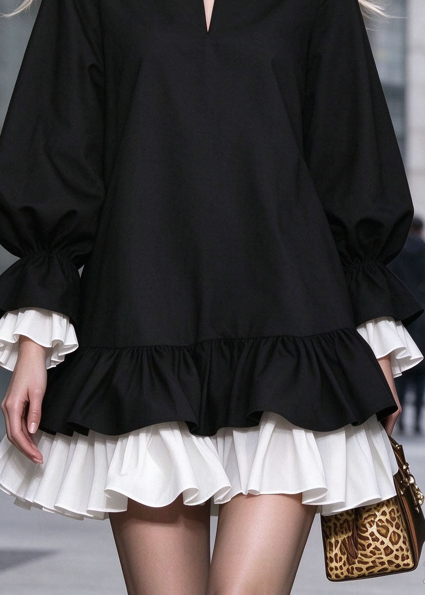 Women Black Ruffled Patchwork Cotton Mid Dress Fall
