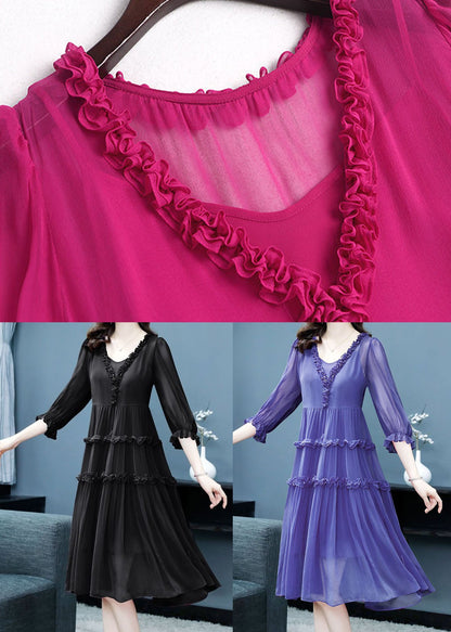 Women Black Ruffled Patchwork Silk Two Piece Set Dresses Summer