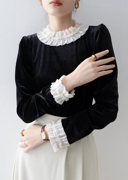 Women Black Ruffled Patchwork Silk Velour Shirt Top Spring