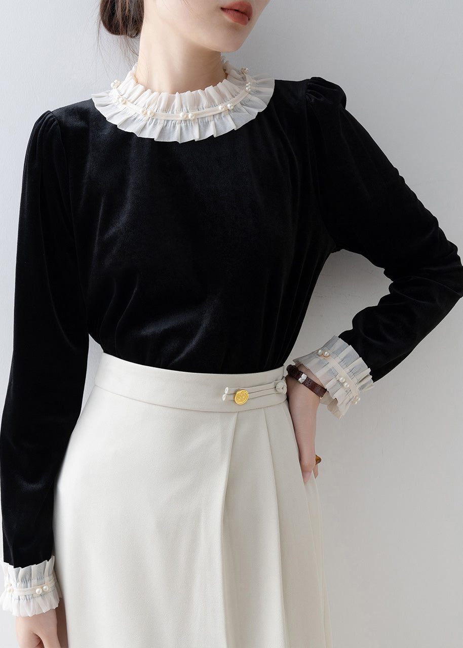 Women Black Ruffled Patchwork Silk Velour Shirt Top Spring